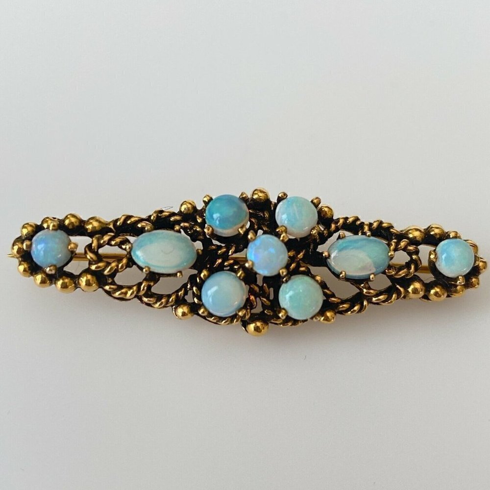 Vintage 14k Solid Yellow Gold Opal Bar Brooch Pin